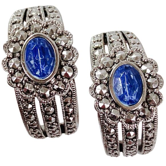 Signed Avon Art Deco Revival Marcasite Silver Tone Blue Earrings - Picture 1 of 9